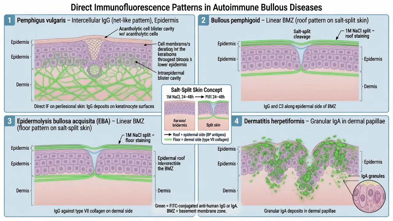 Diagram of DIF patterns for pemphigus pemphigoid EBA and dermatitis herpetiformis including salt-split roof versus floor