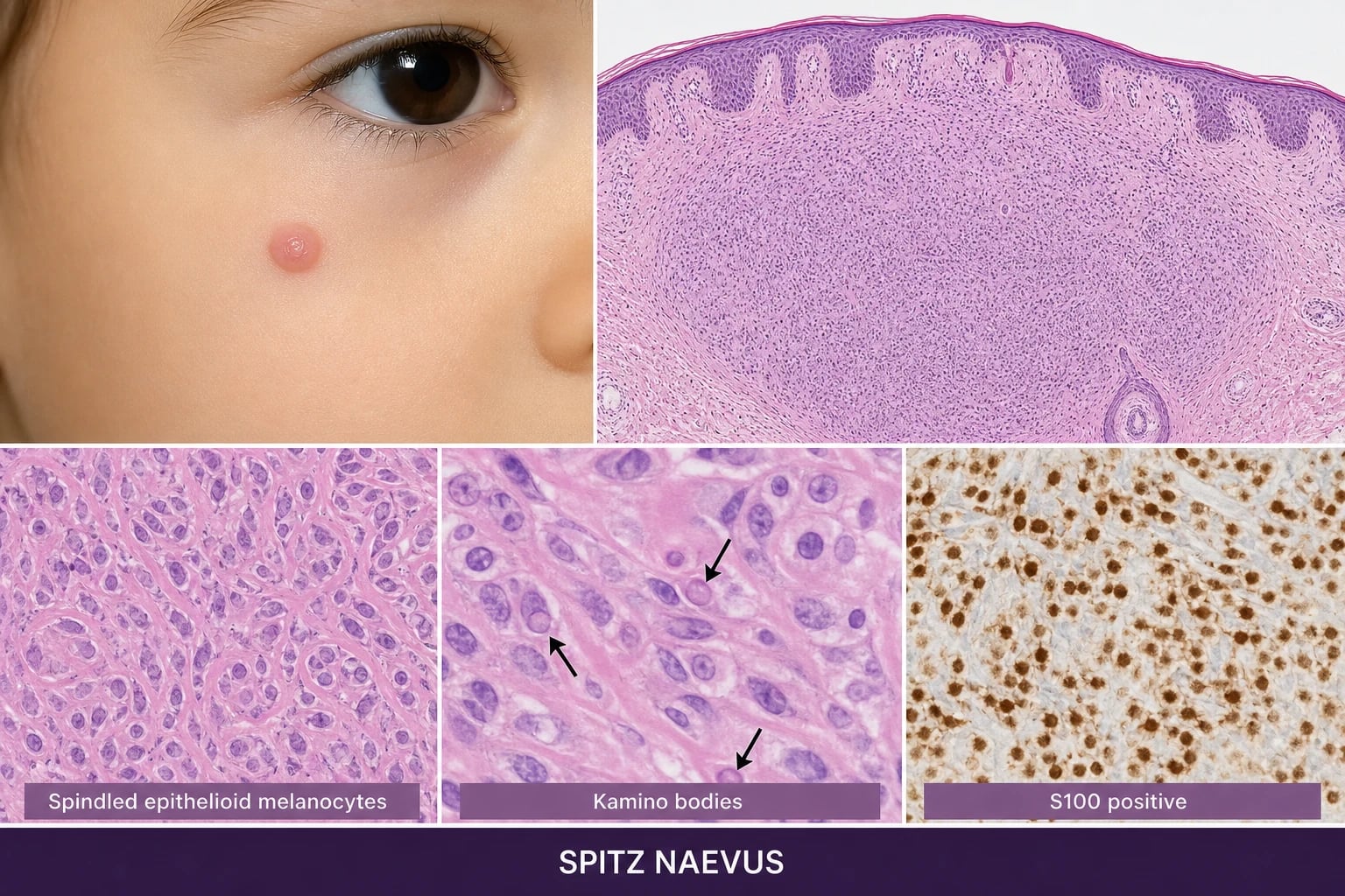 Pink, hairless, dome-shaped papule on the cheek of a child characteristic of a Spitz naevus