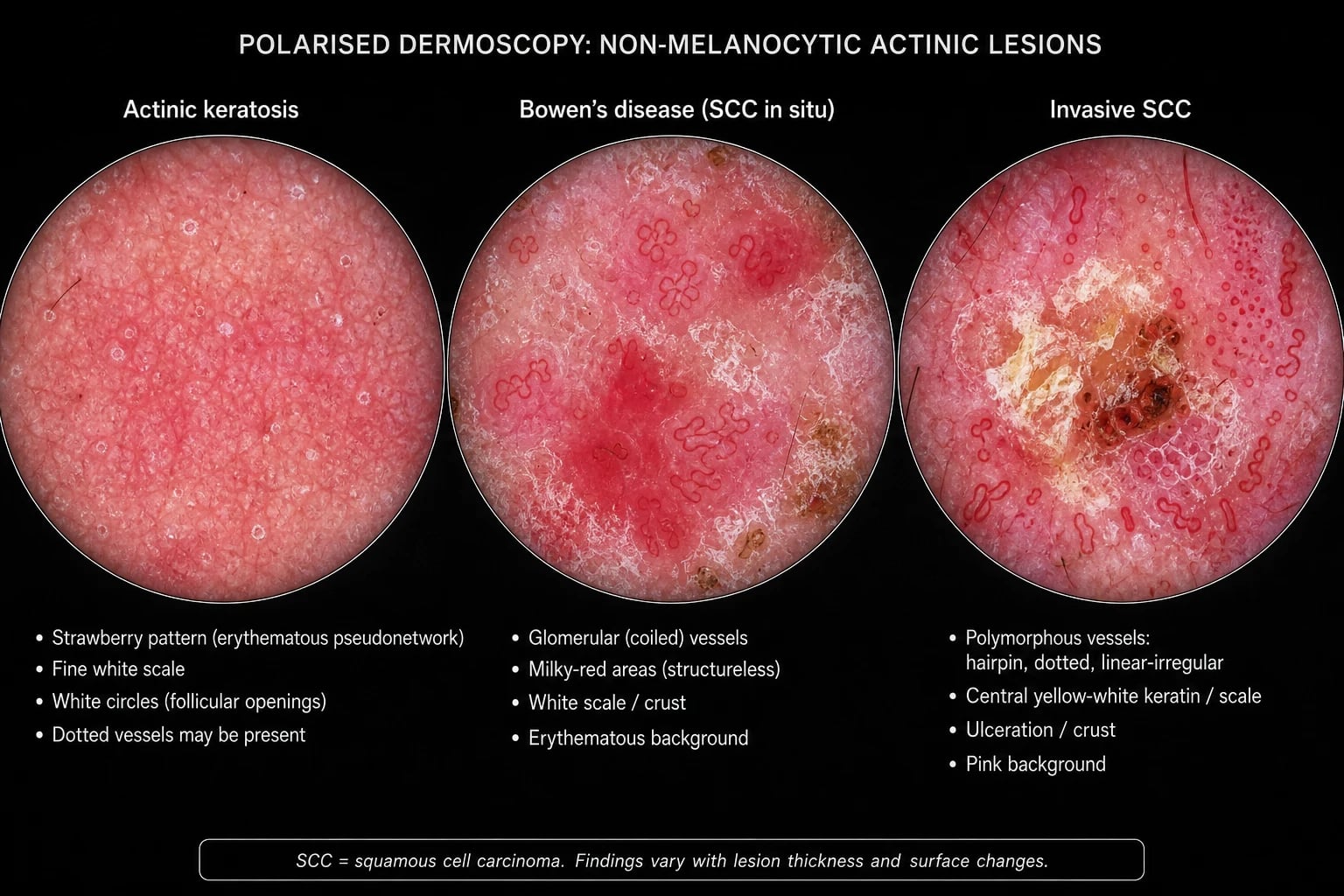 Three-panel dermoscopy: actinic keratosis with strawberry pseudonetwork and scale, Bowen's disease with glomerular vessels, and invasive SCC with polymorphous vessels and central keratin