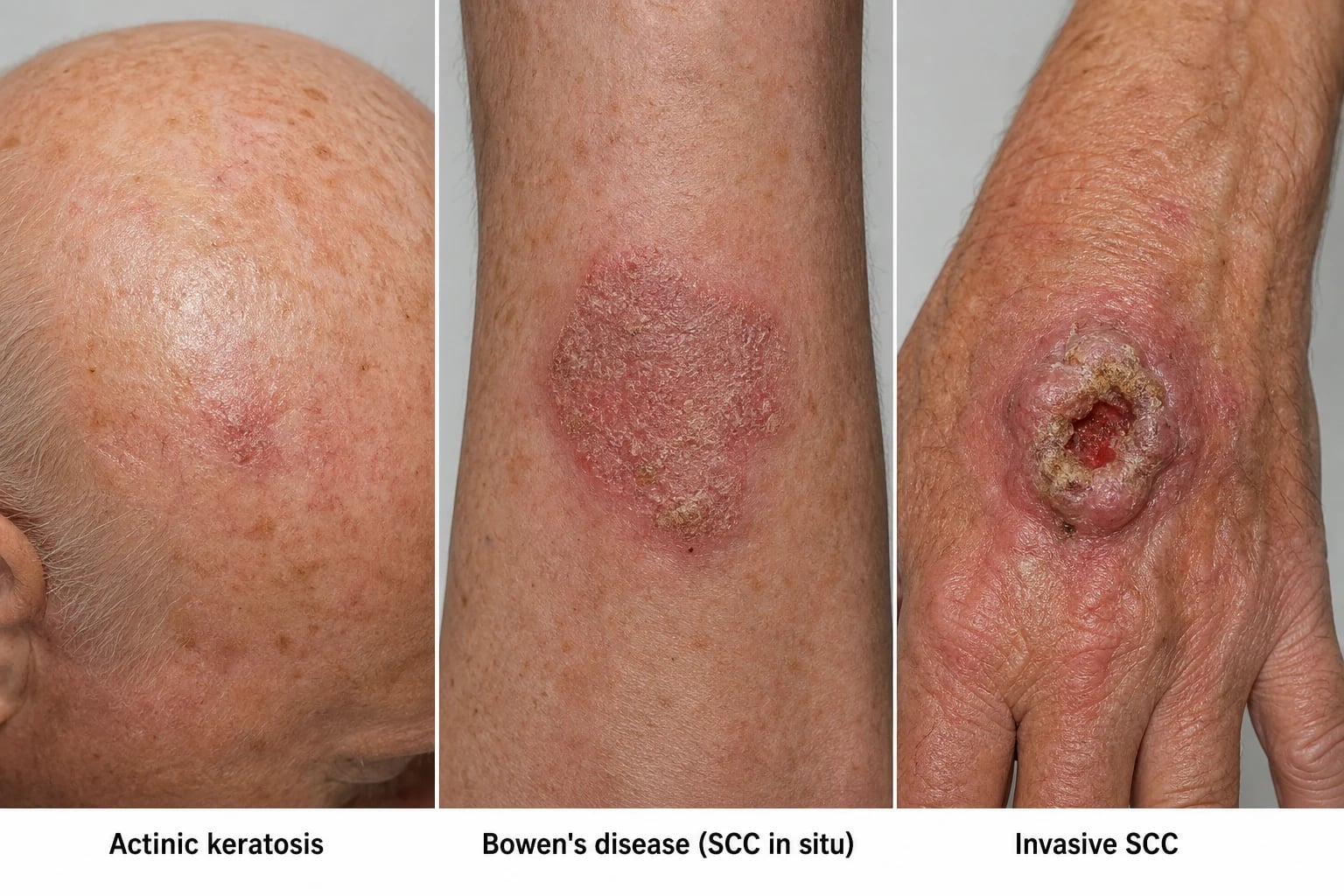 Three-panel composite showing actinic keratosis as a rough scaly macule, Bowen's disease as a fixed scaly erythematous patch, and invasive SCC as a hyperkeratotic crusted ulcerated nodule on sun-damaged skin
