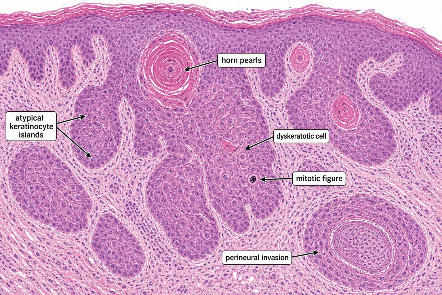 H&E of invasive squamous cell carcinoma showing atypical keratinocyte islands, horn pearls, dyskeratotic cells, a mitotic figure and perineural invasion