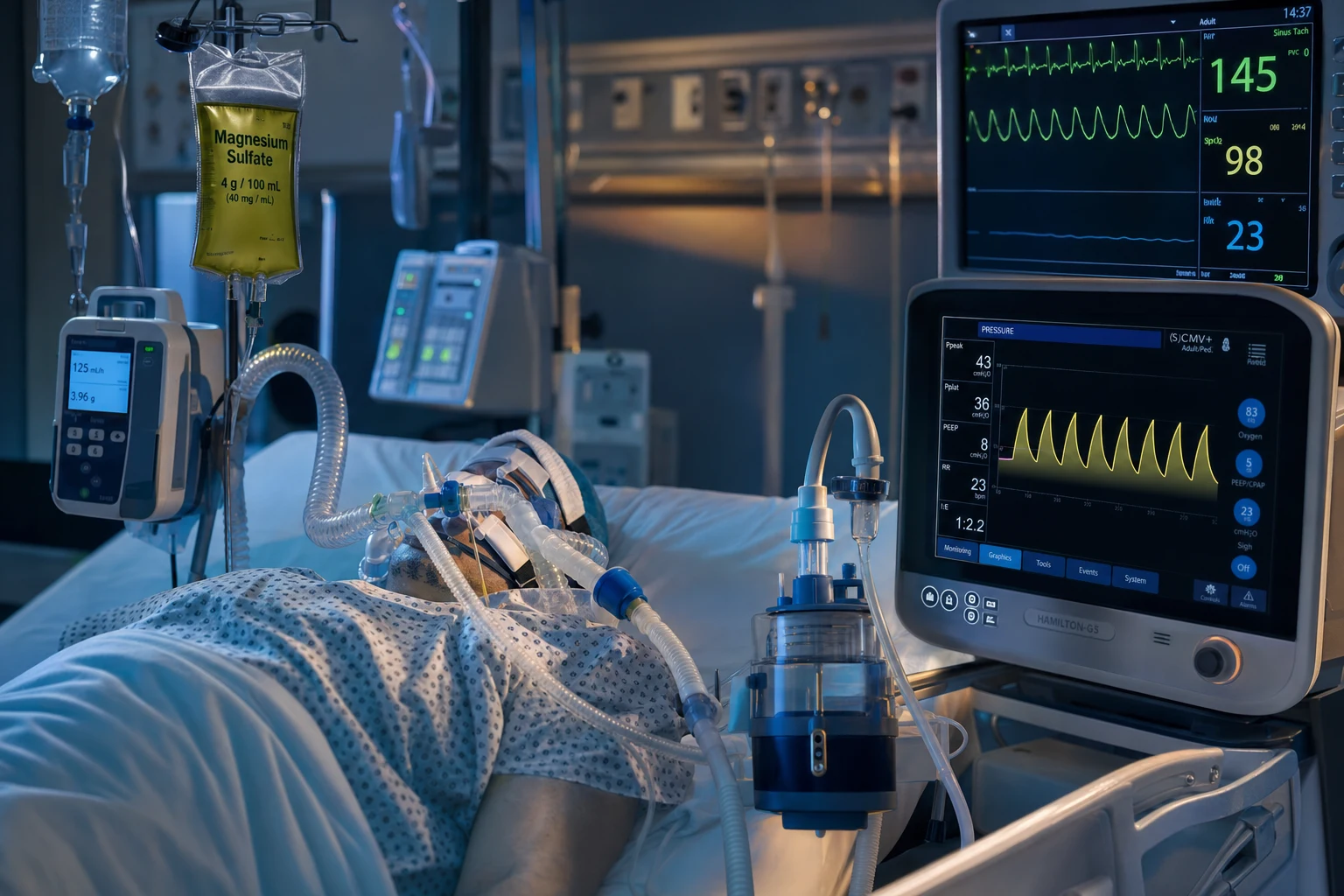 Cinematic ICU scene of a young adult in severe status asthmaticus with accessory muscle use, continuous nebulised salbutamol running through the in-line circuit, an IV magnesium syringe on a pump, a ventilator waveform showing a shark-fin pressure trace with expiratory flow failing to reach baseline, clinical-blue lighting, no faces, no text