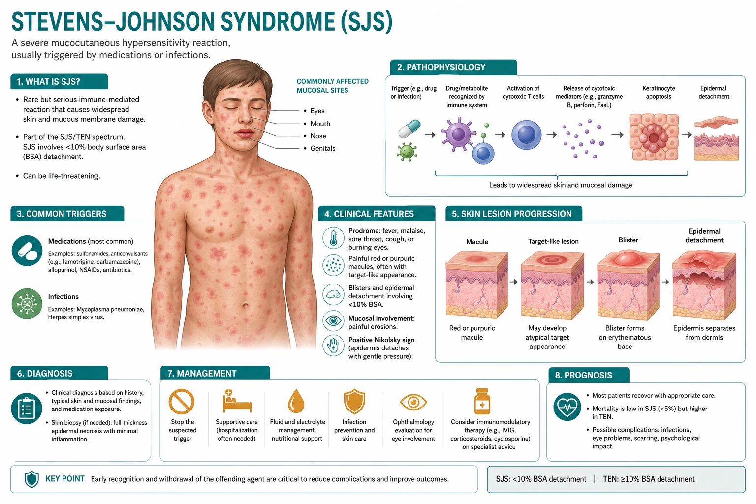 Medical textbook schematic of the SJS/TEN immune cascade: drug-HLA presentation, drug-specific CD8 T cell activation, release of granulysin, perforin-granzyme and Fas-FasL, and confluent keratinocyte apoptosis producing full-thickness epidermal necrosis with sub-epidermal blistering