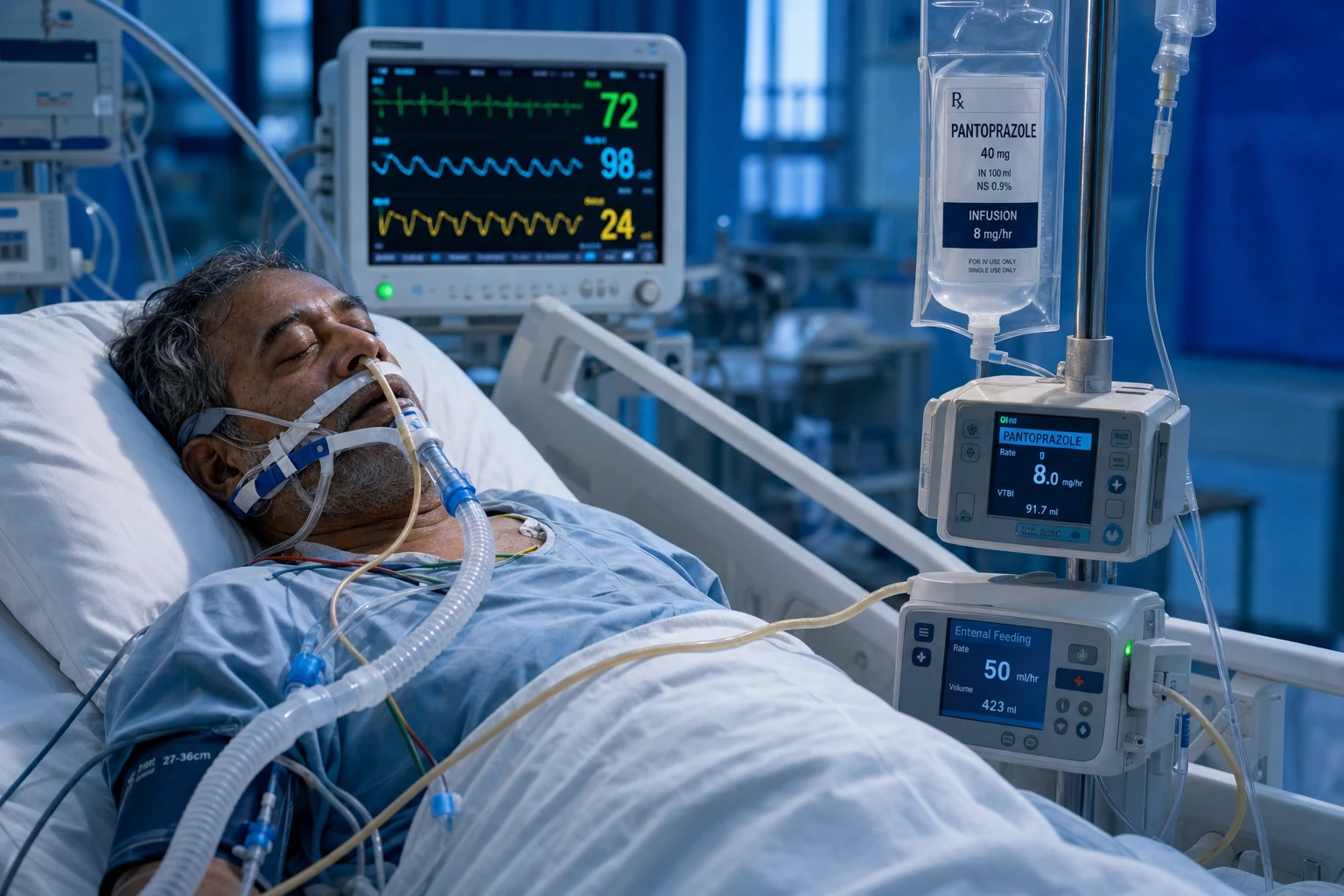 ICU stress ulcer prophylaxis: ventilated critically ill patient, PPI or H2RA decision, enteral nutrition as mucosal protection