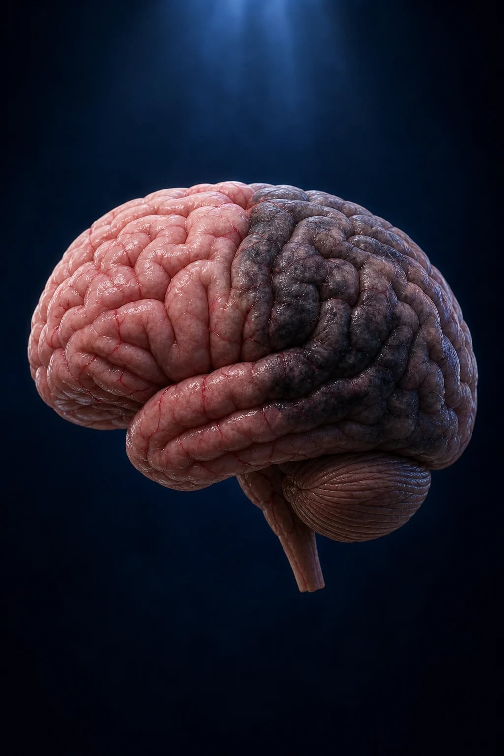 Illustration of a brain showing one hemisphere with ischaemic damage.