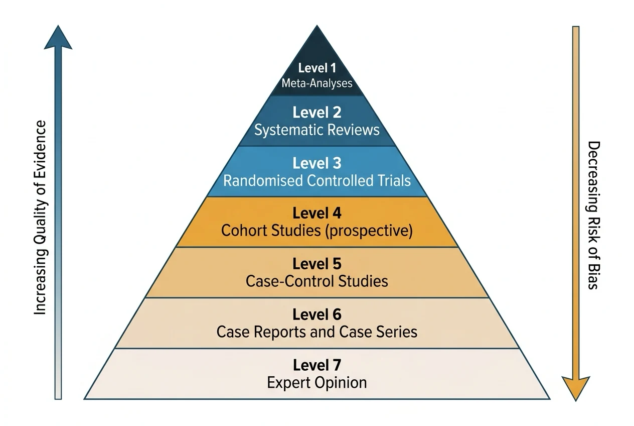 The evidence hierarchy pyramid with each tier labelled from expert opinion and case reports at the bottom through case-control and cohort studies to randomised controlled trials and systematic reviews with meta-analyses at the top