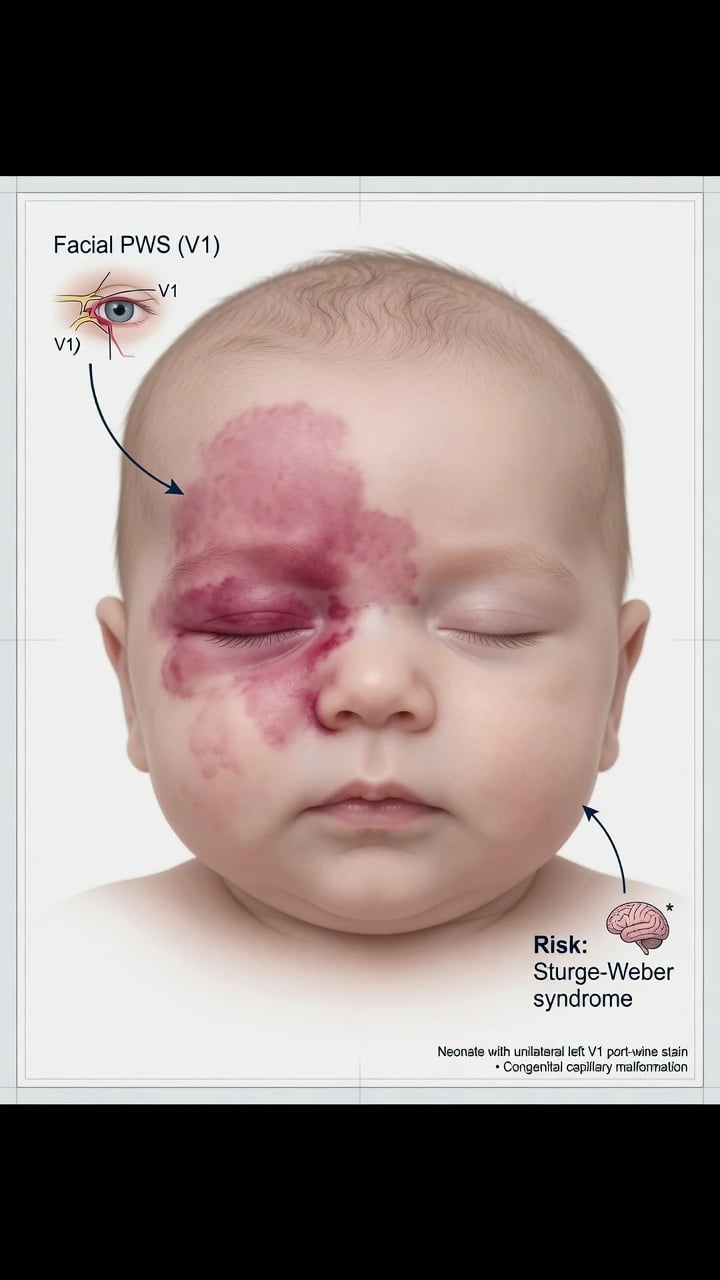 Infant with unilateral V1 facial port-wine stain indicating Sturge-Weber screening risk