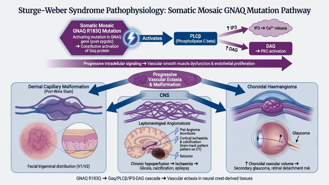 GNAQ mosaic mutation cascade to skin brain and eye in Sturge-Weber syndrome