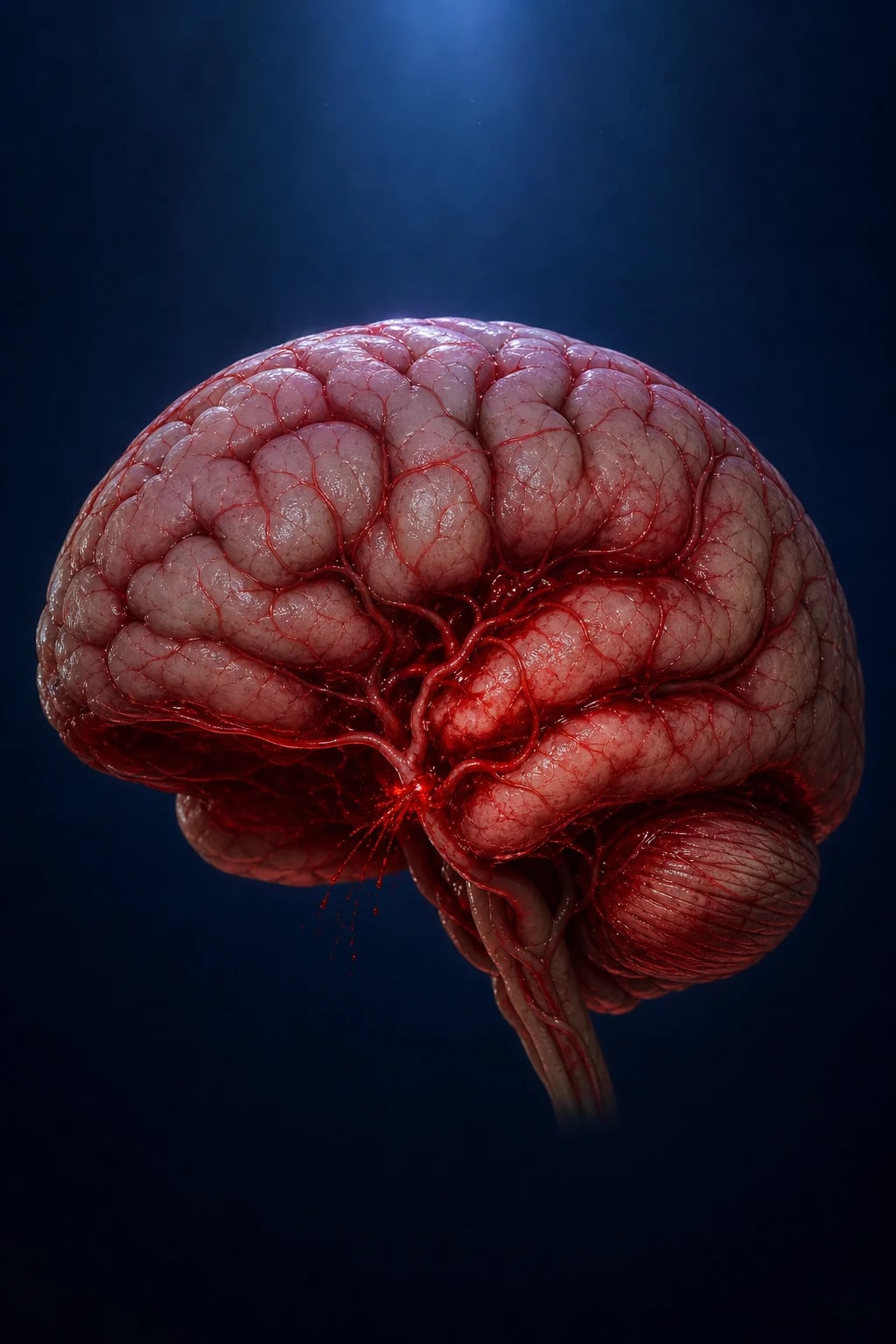 Cinematic 3D anatomical illustration of a brain with blood filling the subarachnoid space around it, against a deep navy background