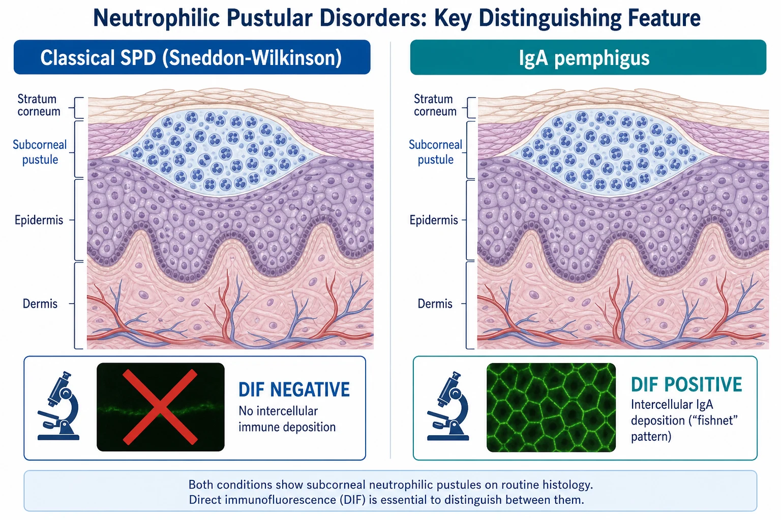 Side-by-side comparison diagram of classical SPD with negative DIF versus IgA pemphigus with positive intercellular IgA fluorescence