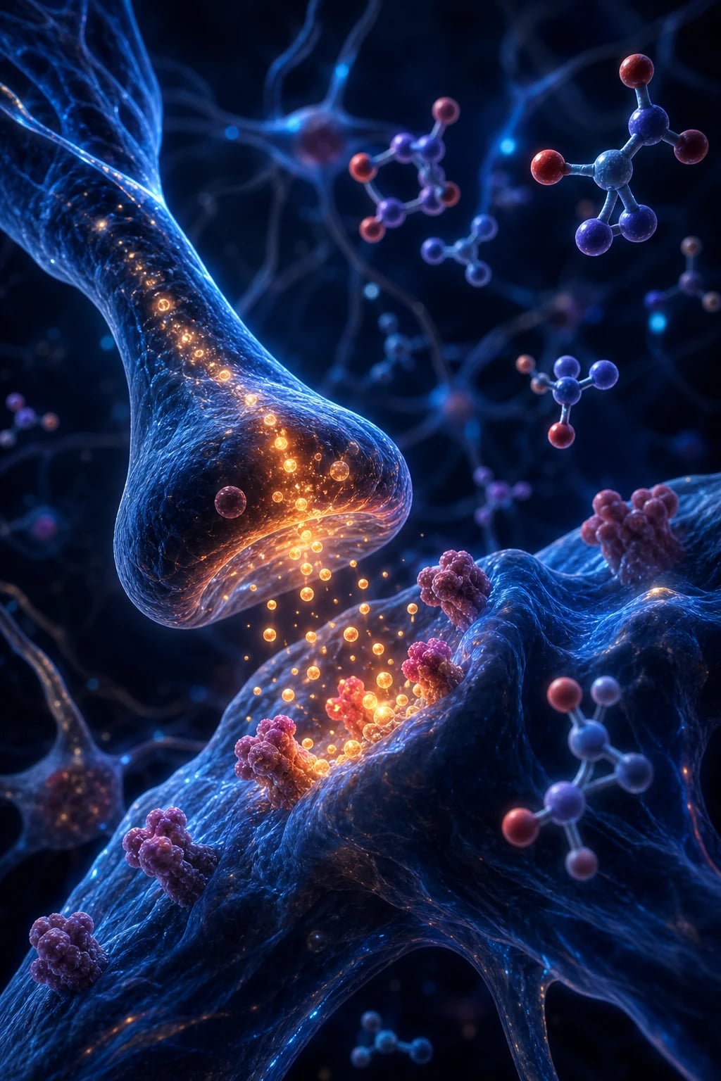 Cinematic 3D abstract close-up of a brain's reward circuit showing dopamine pathways hijacked by substance molecules, against a deep navy background