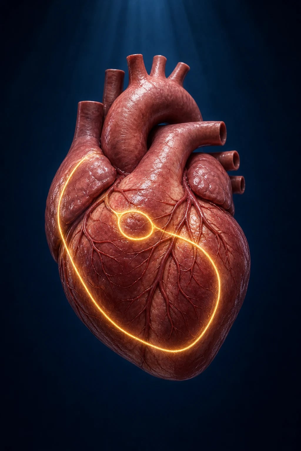 Cinematic 3D close-up of the heart conduction system showing the AV node with dual slow and fast pathways forming a re-entrant circuit and an accessory pathway (bundle of Kent), deep navy background