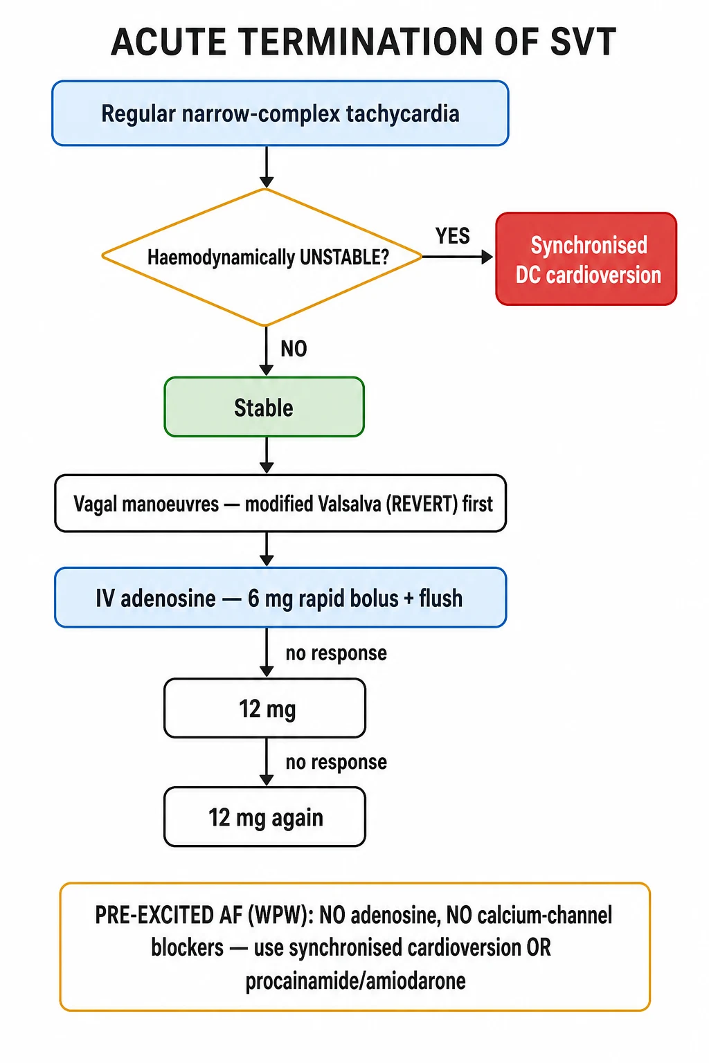 Clean management flowchart: stable narrow-complex SVT ladder - modified Valsalva, adenosine 6/12/12 mg, verapamil/beta-blocker, then DC cardioversion; unstable - synchronised cardioversion; WPW-AF - flecainide/amiodarone