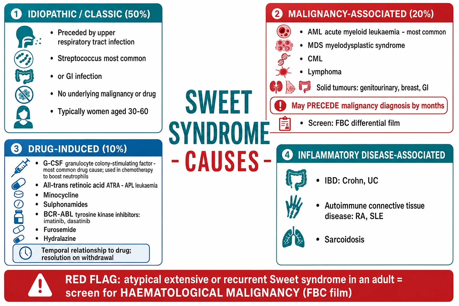 Four categories: idiopathic/classic (URI; 50%), malignancy-associated (AML/MDS; 20%), drug-induced (G-CSF; 10%), inflammatory disease (IBD, autoimmune). Red flag: screen FBC for haematological malignancy