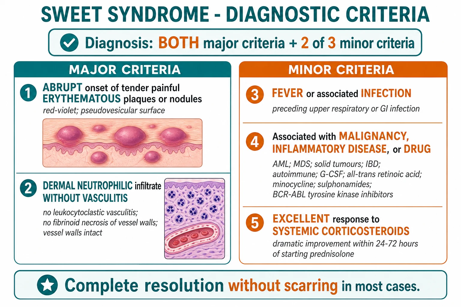 2 major criteria (abrupt tender plaques + dermal neutrophilic infiltrate without vasculitis) + 3 minor criteria (fever/infection, malignancy/IBD/drug, corticosteroid response); need both major + 2 of 3 minor