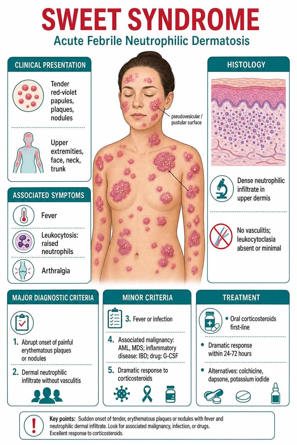 Tender red-violet papules/plaques/nodules with pseudovesicular surface + fever + neutrophilia + dermal neutrophilic infiltrate without vasculitis + dramatic corticosteroid response