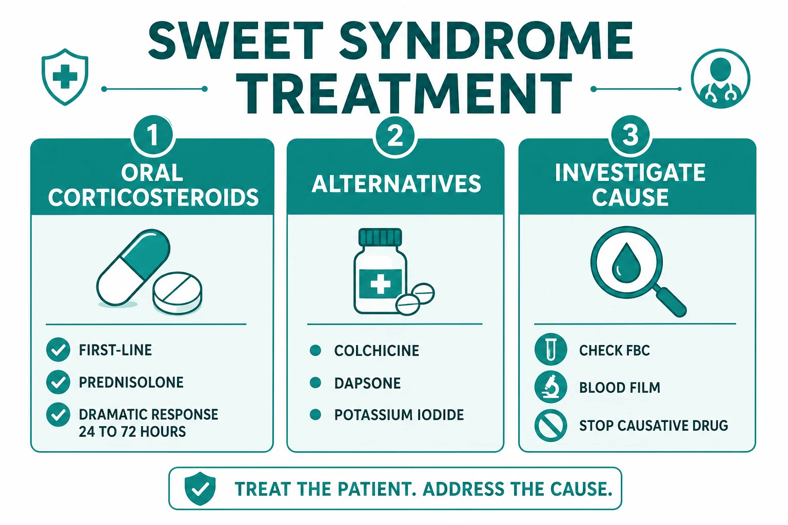 Treatment: oral corticosteroids first-line (0.5-1 mg/kg/day; dramatic response 24-72h; taper 2-6 weeks) + alternatives (colchicine, dapsone, potassium iodide) + investigate underlying cause + stop causative drug