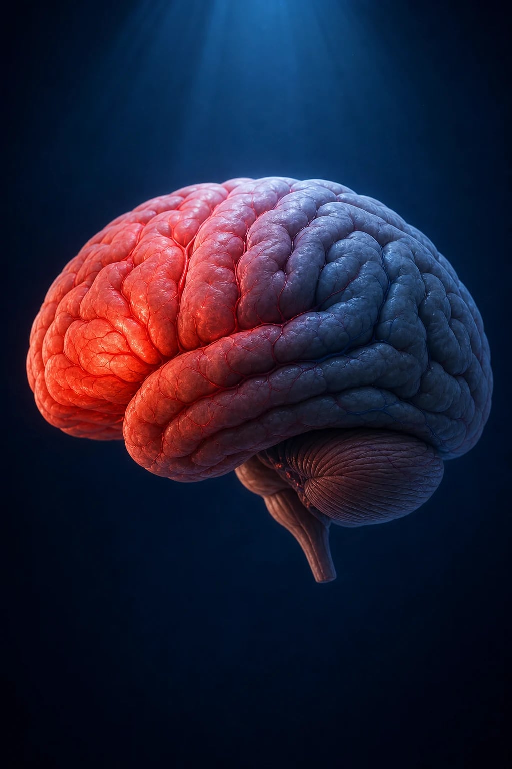 Cinematic 3D close-up of a collapsing patient with pallor and diaphoresis, brain losing perfusion, ECG strip visible, clinical setting