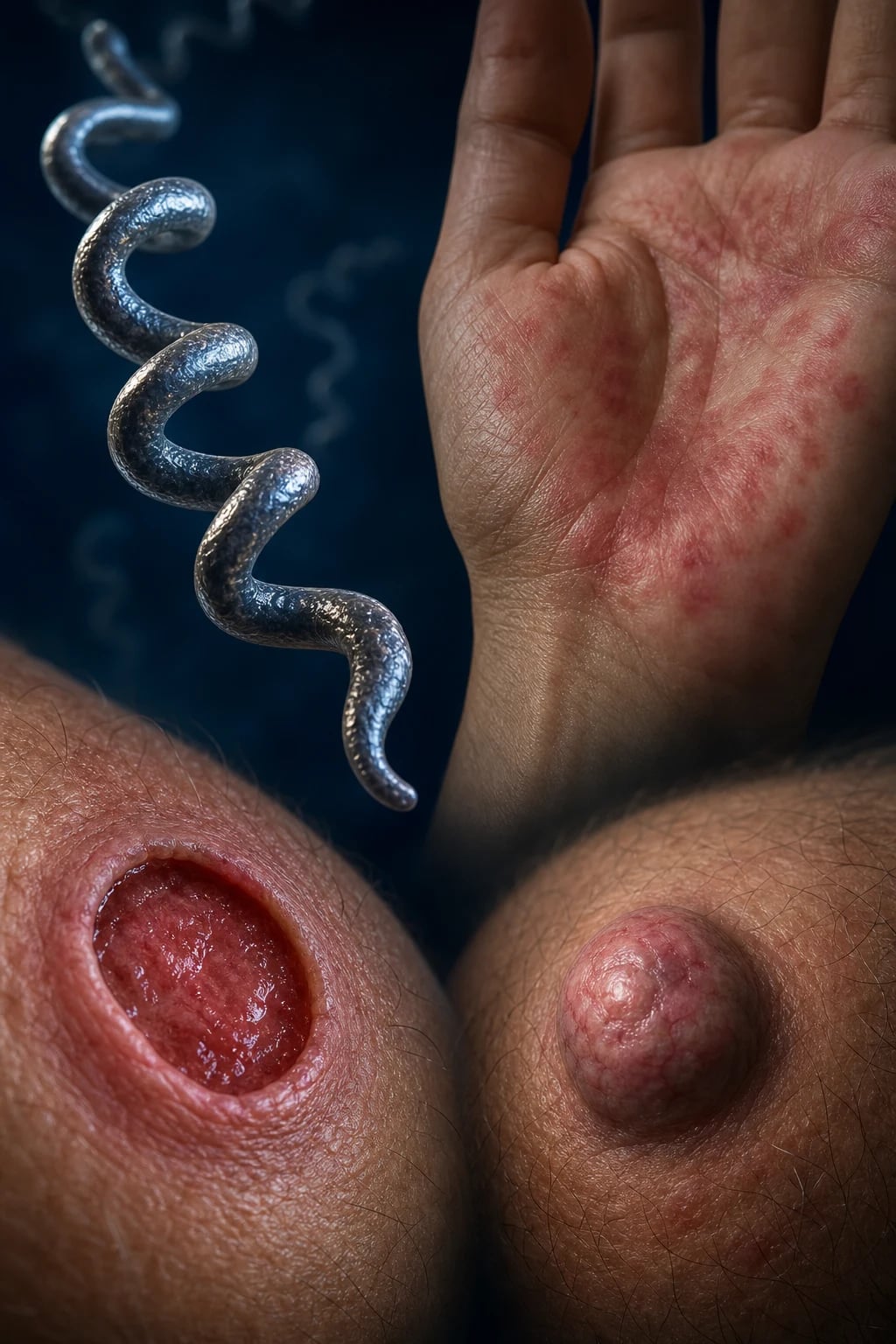 Cinematic 3D close-up of a thin corkscrew spirochete bacterium Treponema pallidum, a single painless indurated ulcer (chancre) on skin, a diffuse maculopapular rash on a palm and a sole, and a gummatous nodule, against a deep navy background