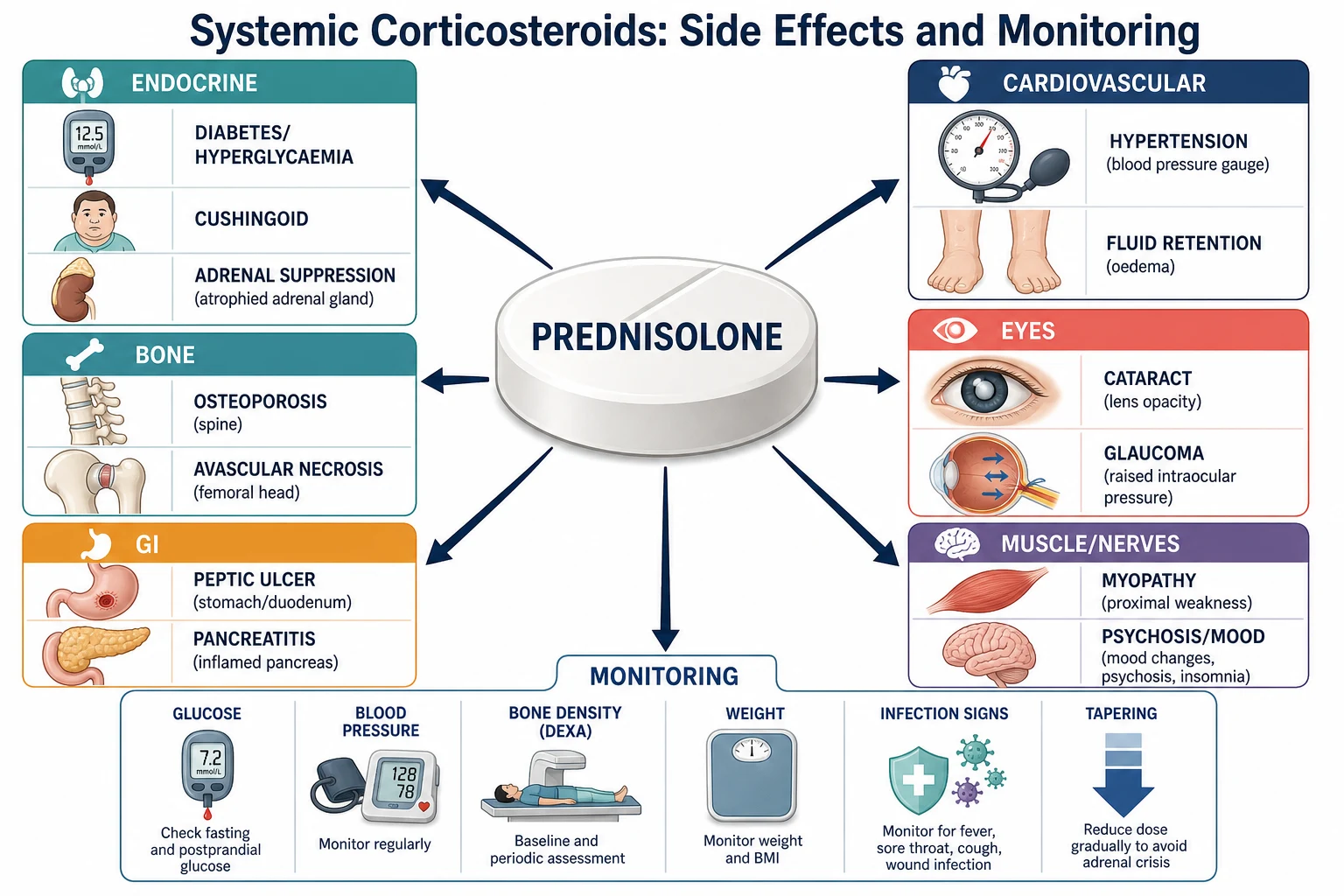 Systemic corticosteroid toxicities mapped to body systems with a monitoring panel