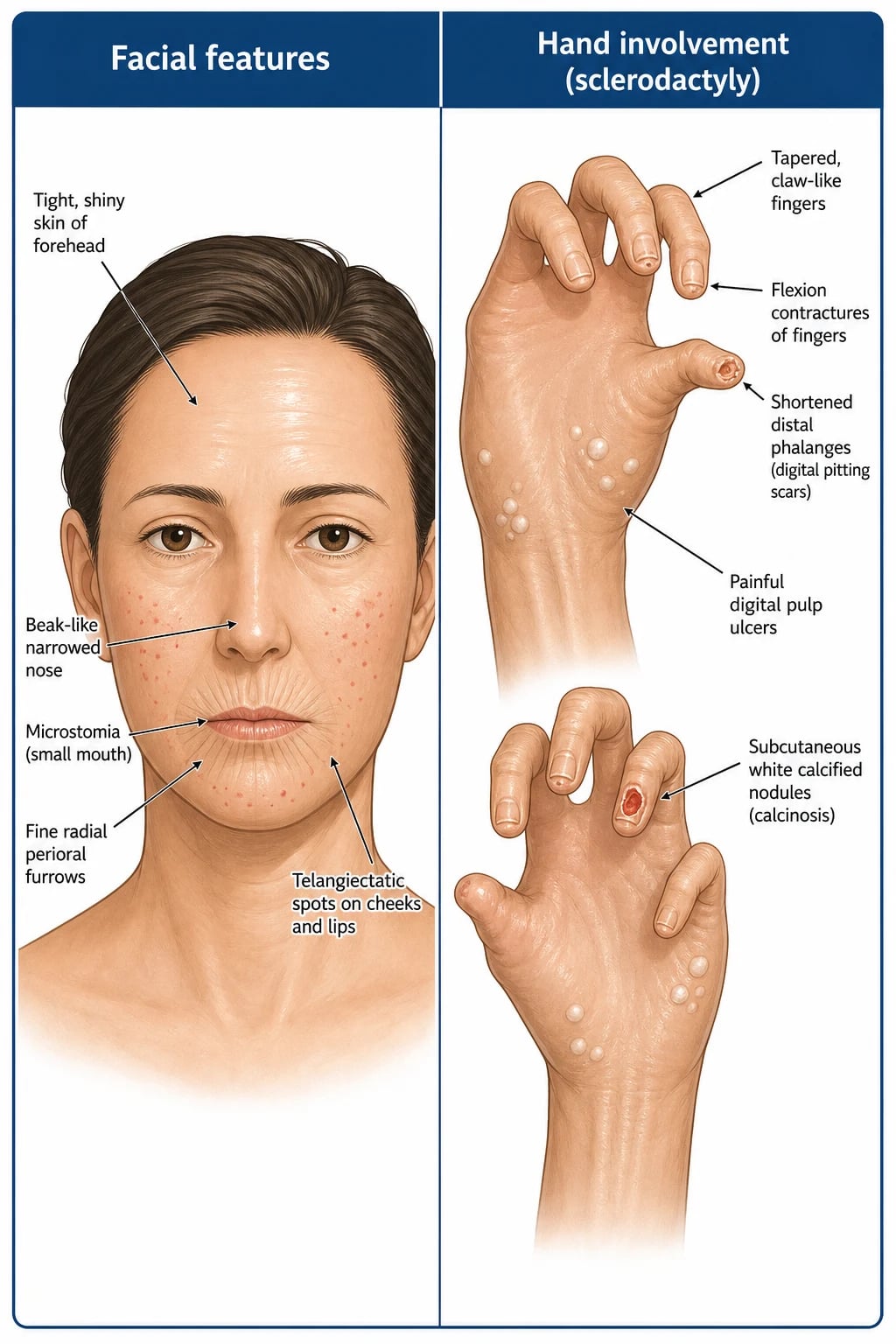 Clinical features of systemic sclerosis: facial features showing microstomia, beak-like nose, perioral radial furrowing and telangiectasia, plus hands showing sclerodactyly, digital pitting scars and calcinosis