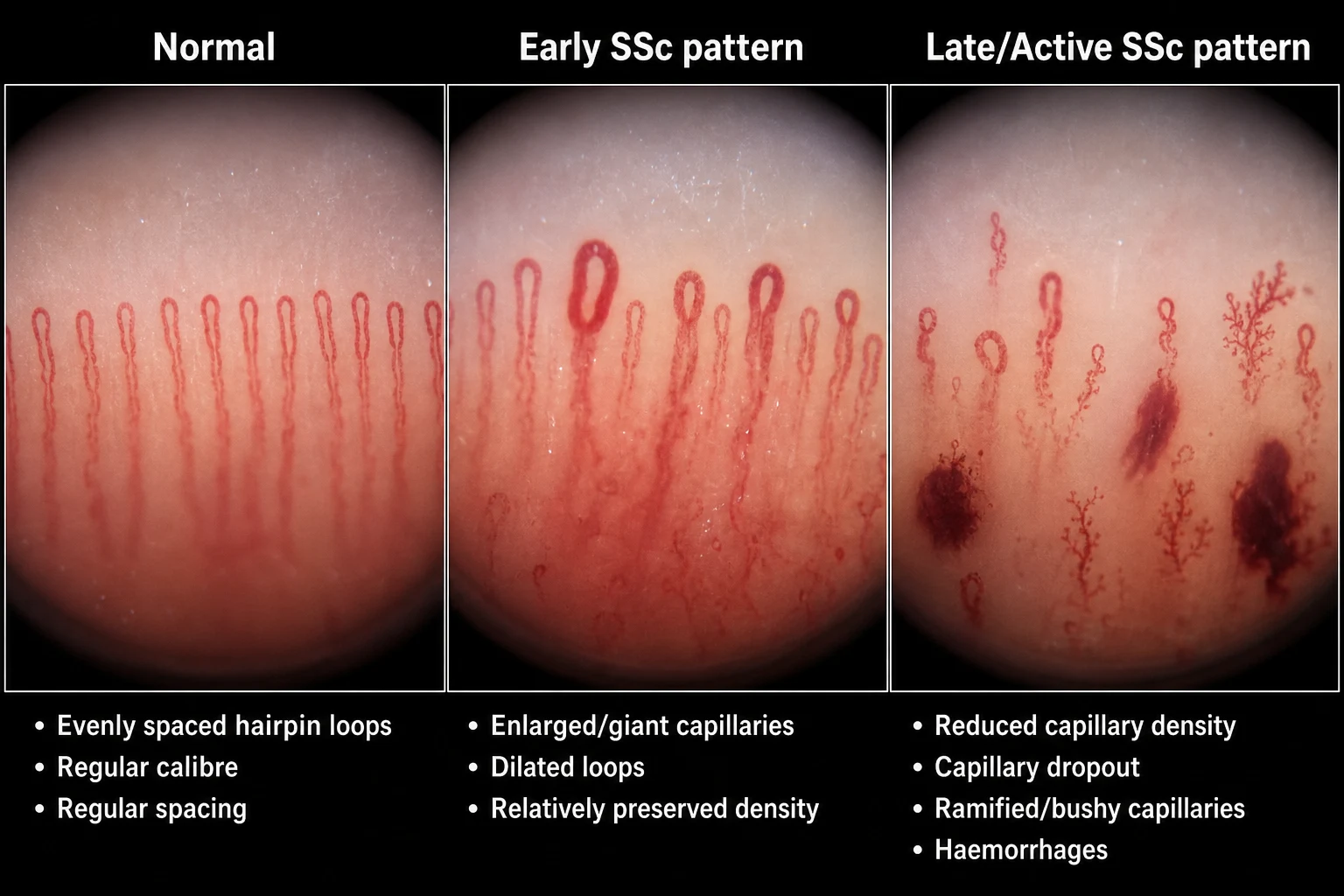 Three-panel nailfold capillaroscopy comparison: normal (regular hairpin loops), early SSc (giant capillaries), and late SSc (capillary dropout and ramified capillaries)