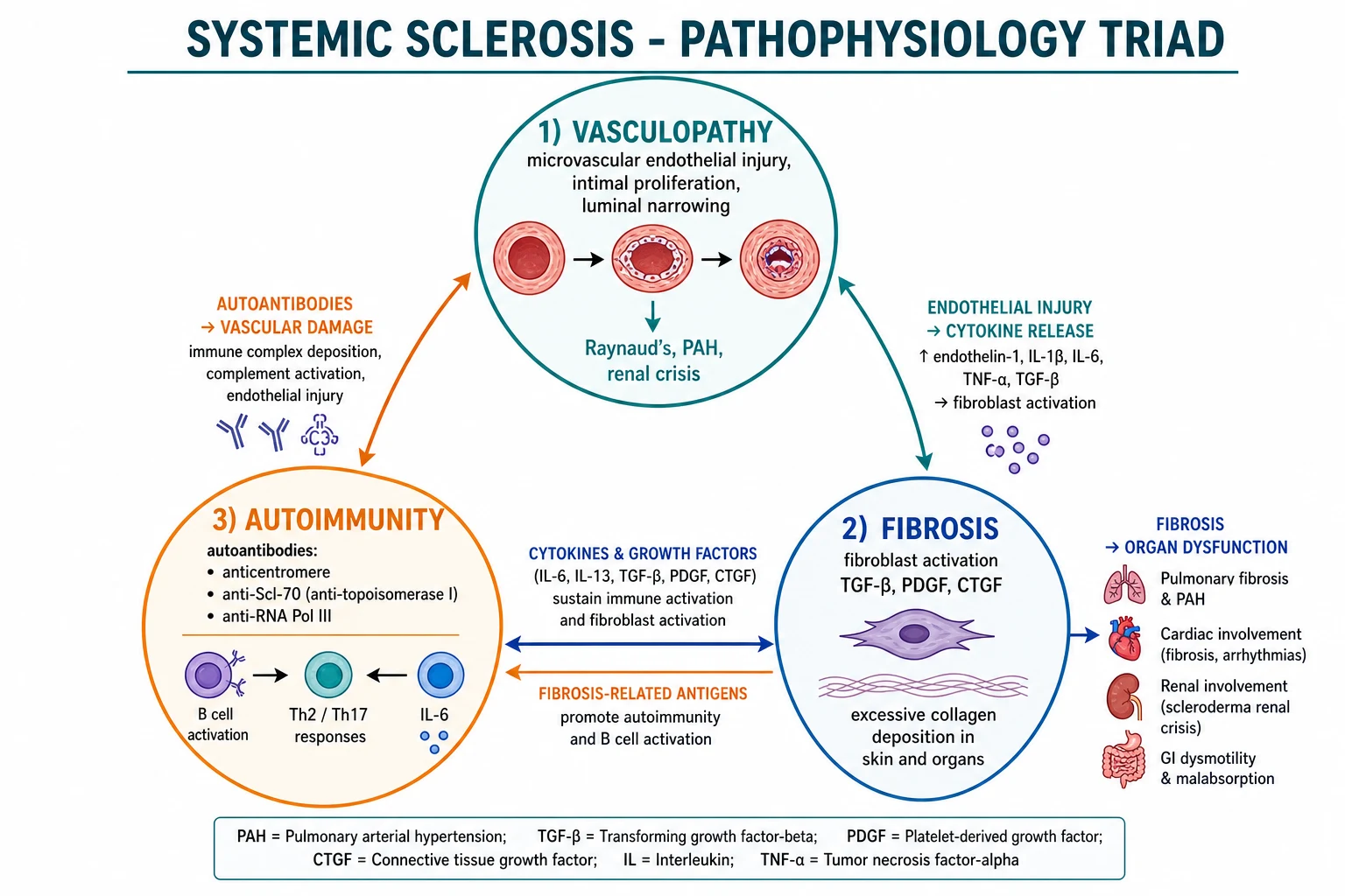Diagram of the SSc pathophysiology triad: microvascular vasculopathy (endothelial injury, intimal proliferation, luminal narrowing), fibrosis (fibroblast activation, TGF-β/PDGF/CTGF, collagen overproduction), and autoimmunity (autoantibodies, Th2/Th17), with interconnections