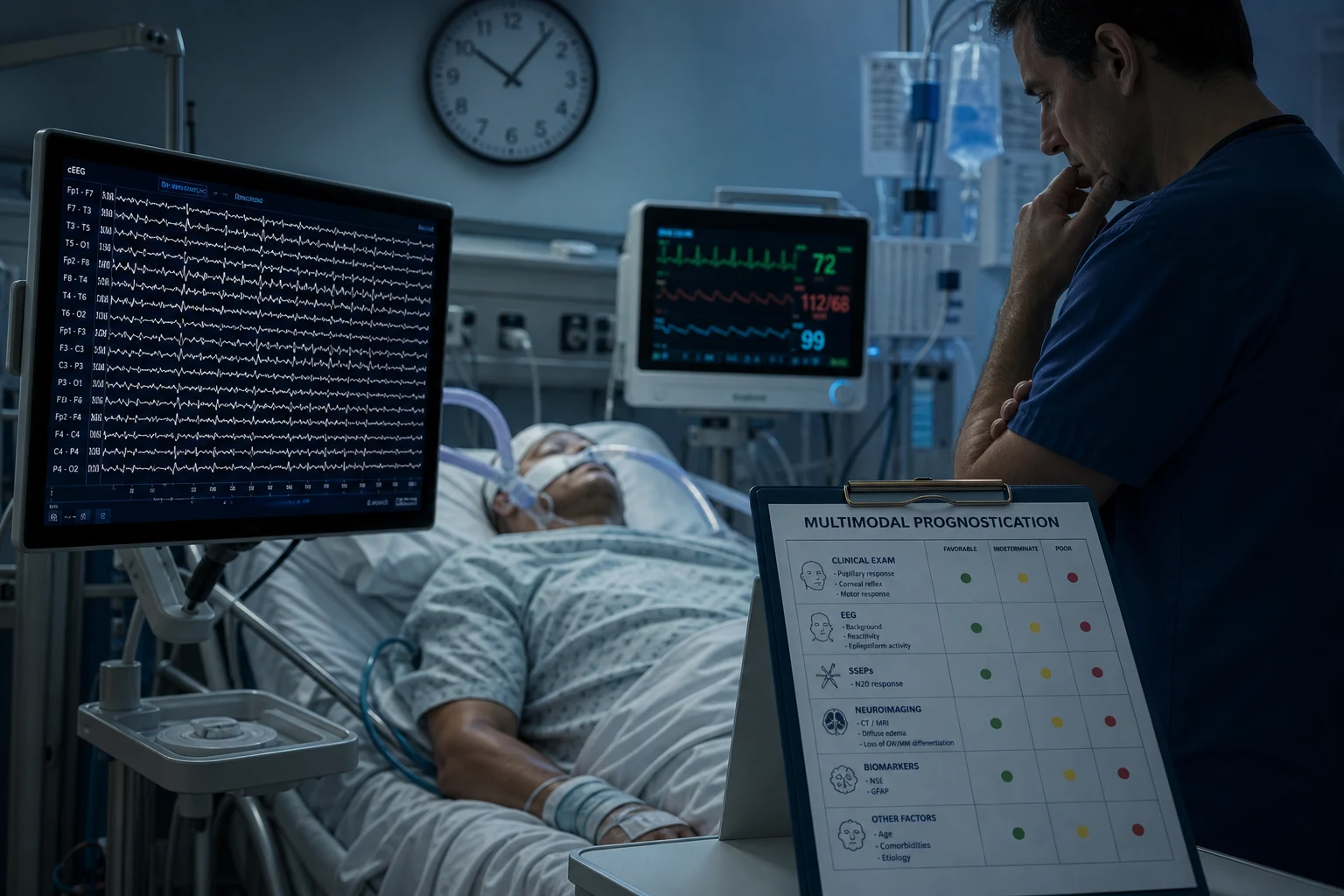 Cinematic ICU scene of targeted temperature management after cardiac arrest — a comatose patient with a surface-cooling device set to target, a shivering-scale at the bedside, a continuous temperature curve, clinical-blue lighting, medical educational, no faces, no text