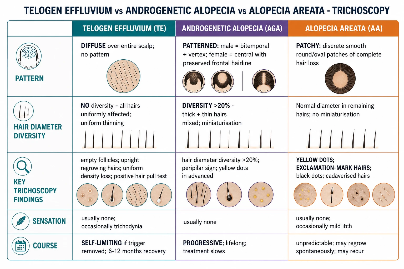 Three-column trichoscopy comparison: TE (diffuse; empty follicles; upright regrowing hairs; NO diameter diversity) versus AGA / FPHL (patterned; diameter diversity >20 percent; peri-pilar sign; vellus hairs) versus alopecia areata (patchy; exclamation-mark hairs; yellow dots; black dots).