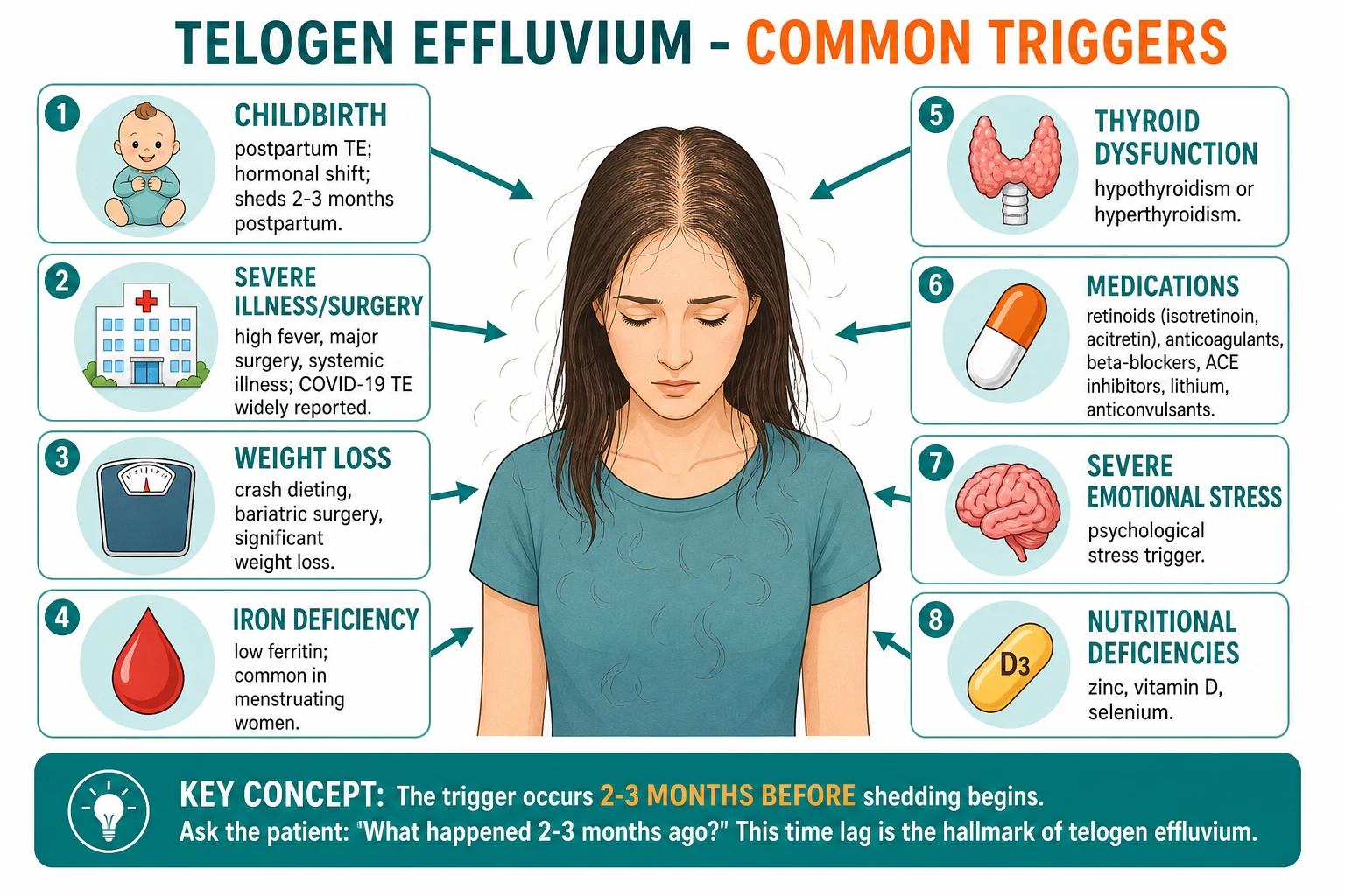 Infographic of common TE triggers with the 2-3 month lag timeline: childbirth, illness / surgery / fever, weight loss, iron deficiency, thyroid, medications, stress, nutritional deficiencies.