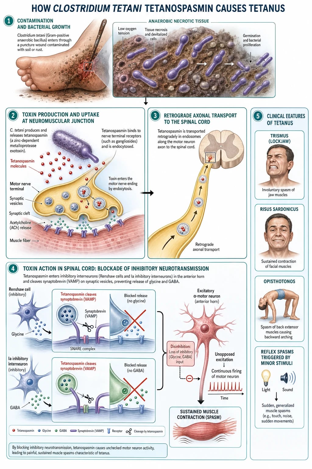 Tetanospasmin disinhibition at spinal interneurons versus botulinum toxin blockade of acetylcholine release at neuromuscular junction