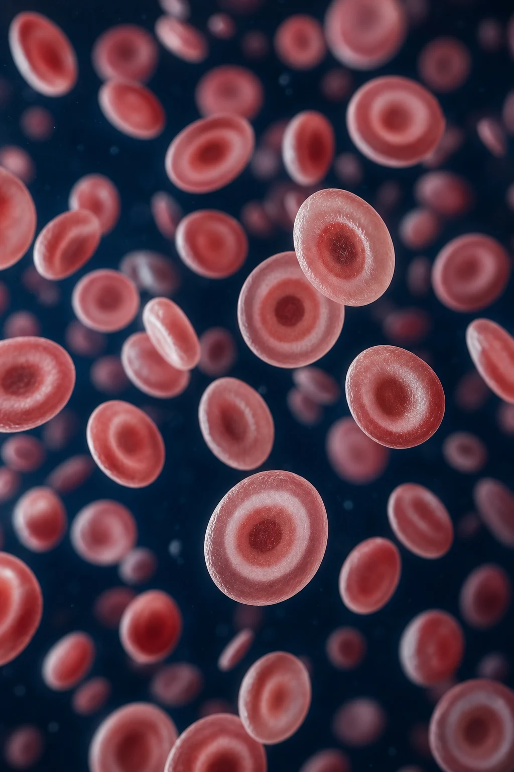 Cinematic 3D close-up of red blood cells under a microscope, many small pale microcytic cells with target cells, against a deep navy background