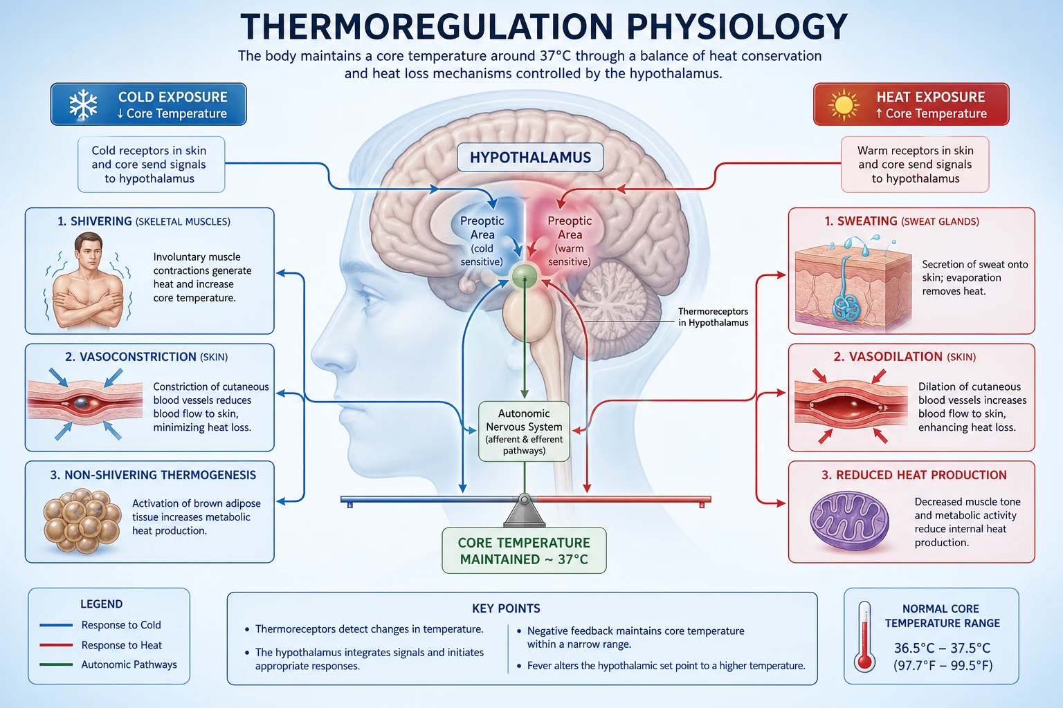 Cinematic diagram of a human torso with warm-gold heat-production zones (liver, brain, heart, muscle) and cool-blue heat-loss surfaces (skin), the hypothalamus glowing as a central thermostat connected by a feedback loop to skin thermoreceptors
