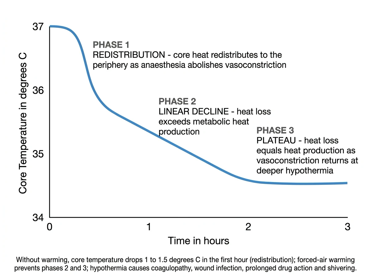 Educational diagram of hypothermia severity phases mild moderate severe with clinical features and rewarming concepts for ICU targeted temperature management
