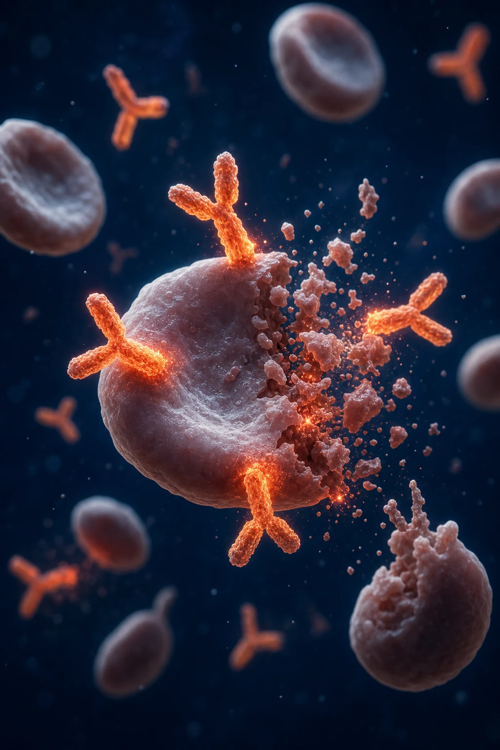 Cinematic 3D close-up of blood showing platelets coated by autoantibodies being destroyed by splenic macrophages, against a deep navy background