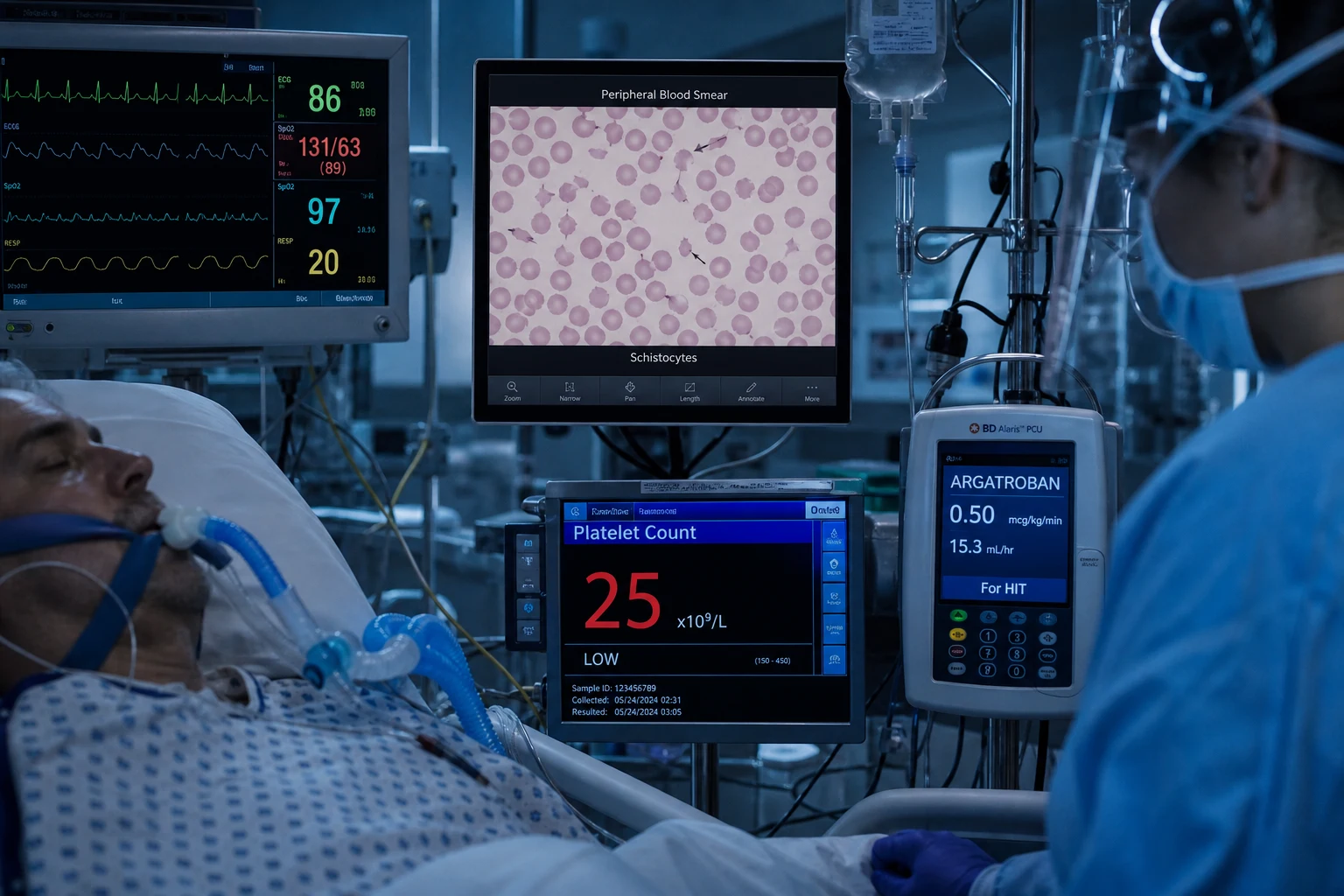 Cinematic ICU scene of a blood-smear image on the screen showing schistocytes, a cardiac monitor, a platelet-count display showing 25, an argatroban infusion running for HIT, clinical-blue lighting, a careful analytical mood