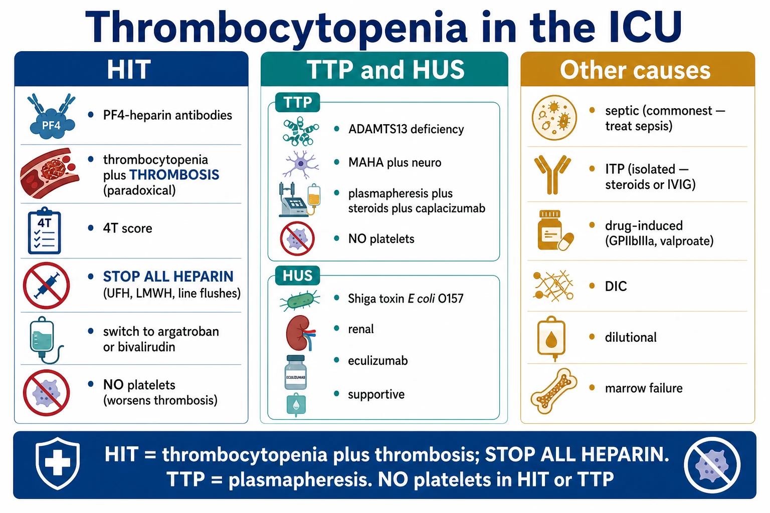 Three-panel infographic on a white clinical-blue background: LEFT HIT (PF4-heparin antibodies; thrombocytopenia + thrombosis paradoxical; 4T score; STOP ALL HEPARIN; argatroban/bivalirudin; NO platelets); CENTRE TTP and HUS (TTP ADAMTS13 deficiency MAHA + neuro plasmapheresis + caplacizumab NO platelets; HUS Shiga toxin renal eculizumab); RIGHT other causes (septic commonest treat sepsis; ITP isolated steroids/IVIG; drug-induced GPIIbIIIa/valproate; DIC; dilutional; marrow failure). Banner 'HIT = thrombocytopenia + thrombosis STOP ALL HEPARIN. TTP = plasmapheresis. NO platelets in HIT/TTP'. Flat vector illustration, crisp typography.