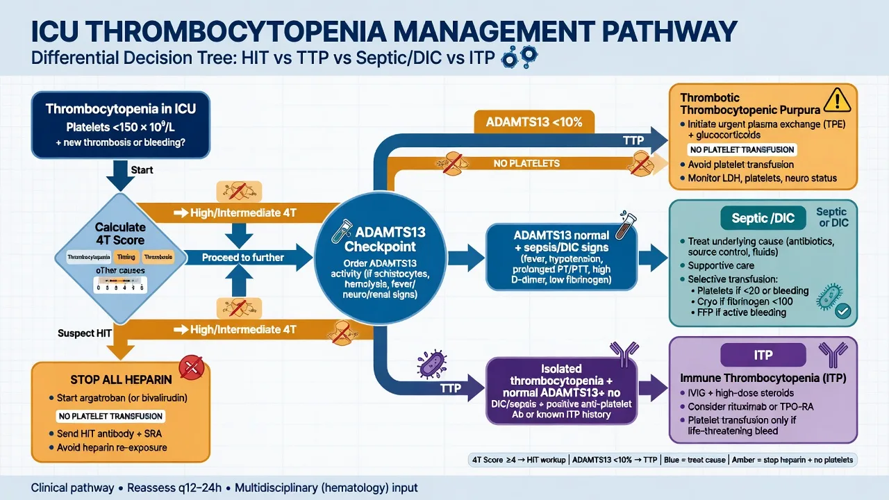 ICU thrombocytopenia management pathway distinguishing HIT stop-all-heparin argatroban no platelets, TTP plasma exchange no platelets, and septic DIC treat-cause selective transfusion