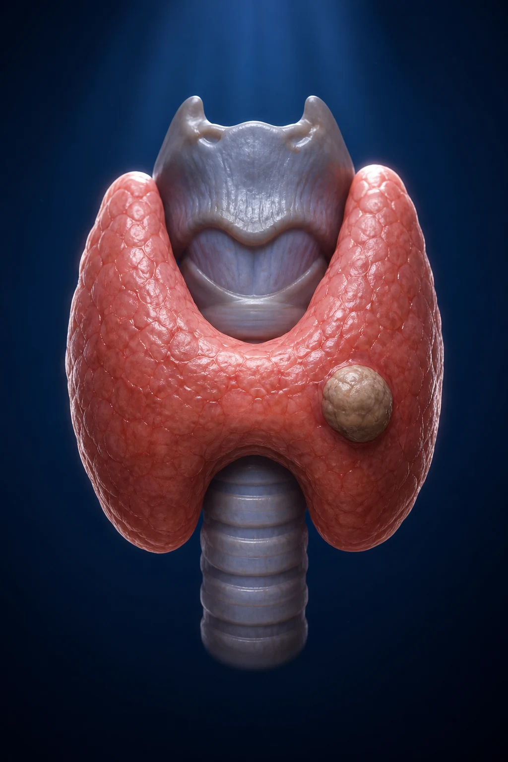 Cinematic 3D anatomical illustration of a thyroid gland bearing a single discrete nodule, against a deep navy background