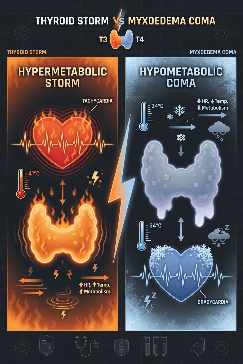 Cinematic ICU scene split-screen: LEFT the thyroid storm with a tachycardia and fever on the monitor, a propranolol and a propylthiouracil and a Lugol's iodine drawn up; RIGHT the myxoedema coma with a hypothermic bradycardic patient, a levothyroxine and a hydrocortisone drawn up, clinical-blue lighting, medical educational, no faces, no text