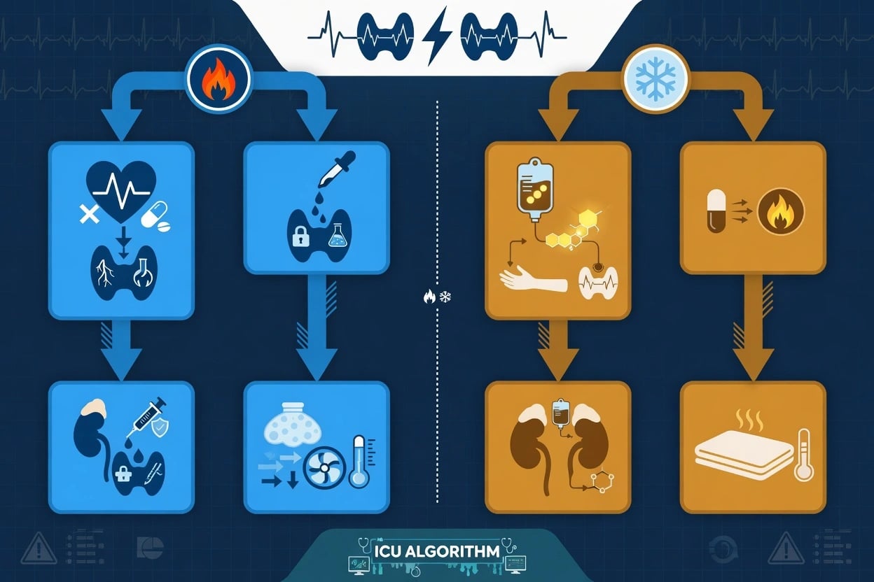Educational dual-pathway management schematic: thyroid storm sequence beta-blocker thionamide iodine steroid cooling versus myxoedema IV thyroxine T3 hydrocortisone passive rewarming