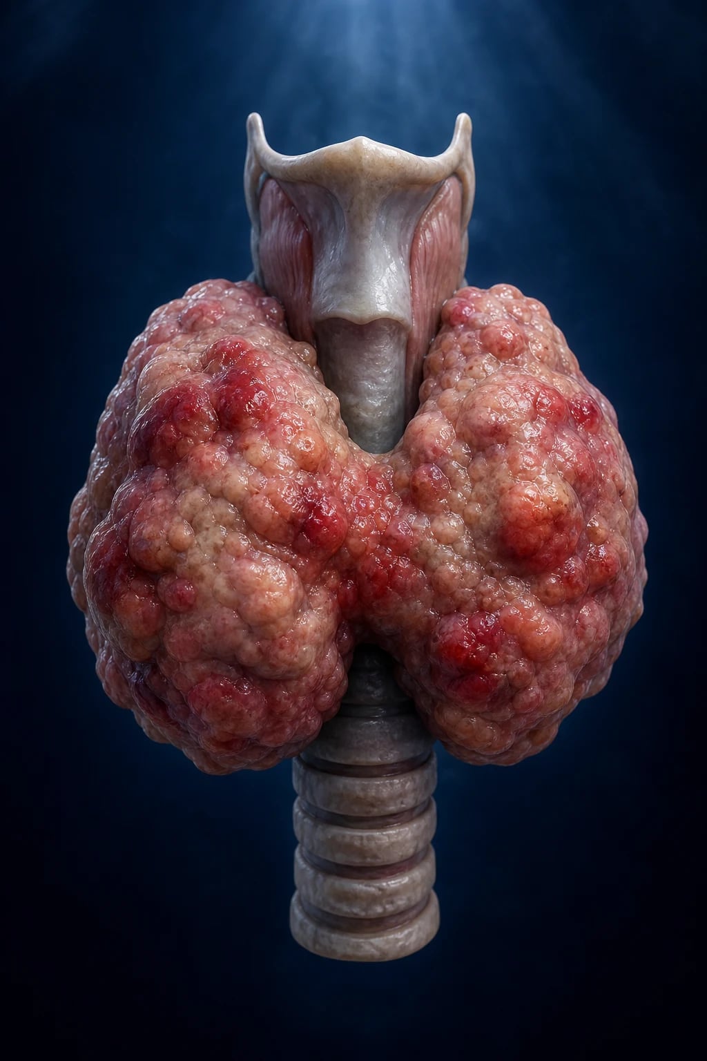 Cinematic 3D anatomical illustration of an enlarged, irregular thyroid gland on the trachea, against a deep navy background
