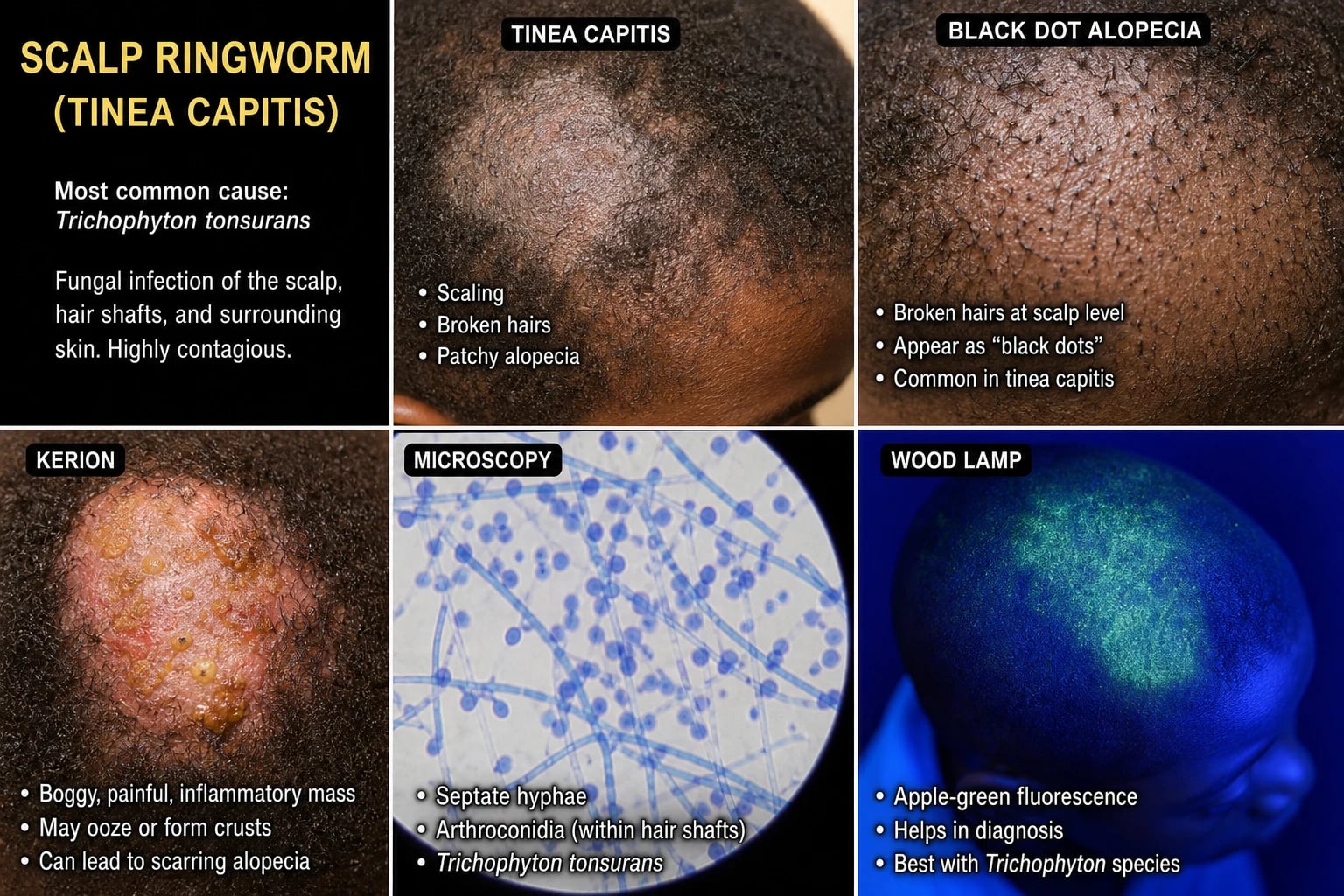 Clinical features: patchy alopecia with scaling and broken hairs / black-dot pattern / diffuse seborrheic-like scaling / kerion (boggy tender inflammatory mass) / favus scutula / id reaction (widespread eczematous eruption) / scarring alopecia after favus