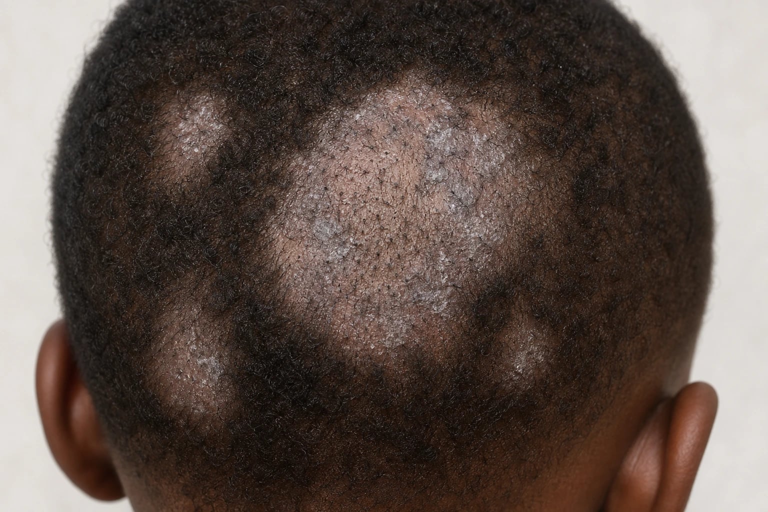 Patchy scalp hair loss with broken stubs and scaling and a black-dot pattern characteristic of tinea capitis in a child