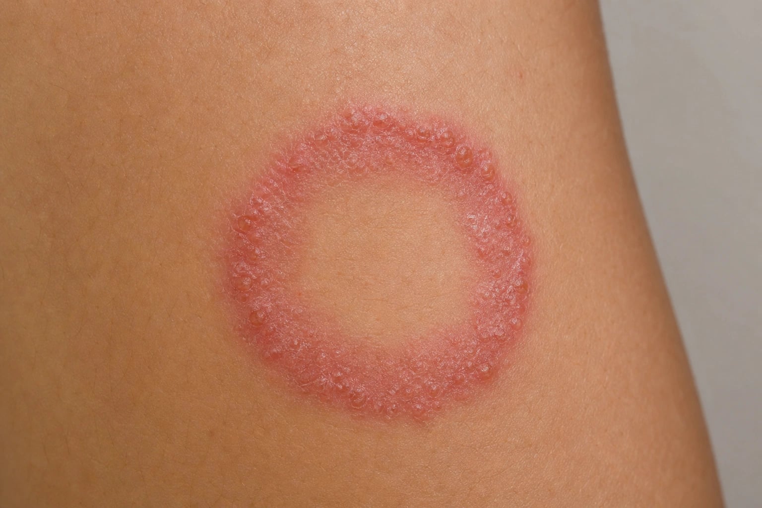 Annular erythematous plaque with a scaly raised advancing edge and central clearing on the arm characteristic of tinea corporis