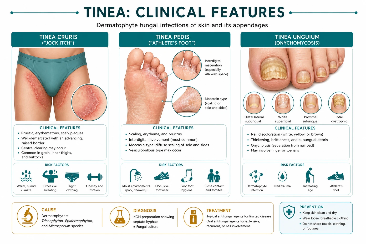 Clinical comparison of interdigital tinea pedis, tinea cruris with scrotal sparing, and dystrophic onychomycosis