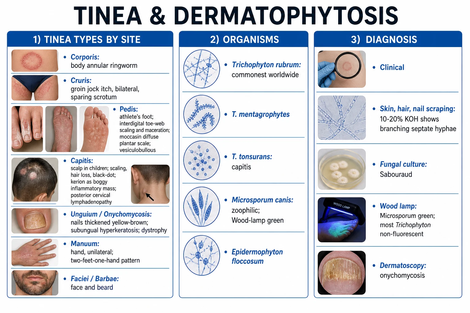 Clean infographic showing tinea types by body site plus the three dermatophyte genera and their tissue tropism