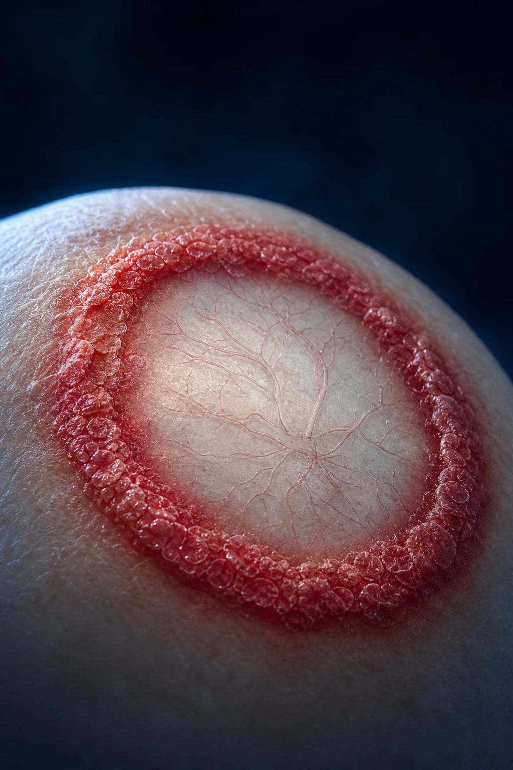 Cinematic 3D abstract close-up of skin with a circular red ring of raised scaly border and pale central clearing, with microscopic branching hyphal threads, against a deep navy background
