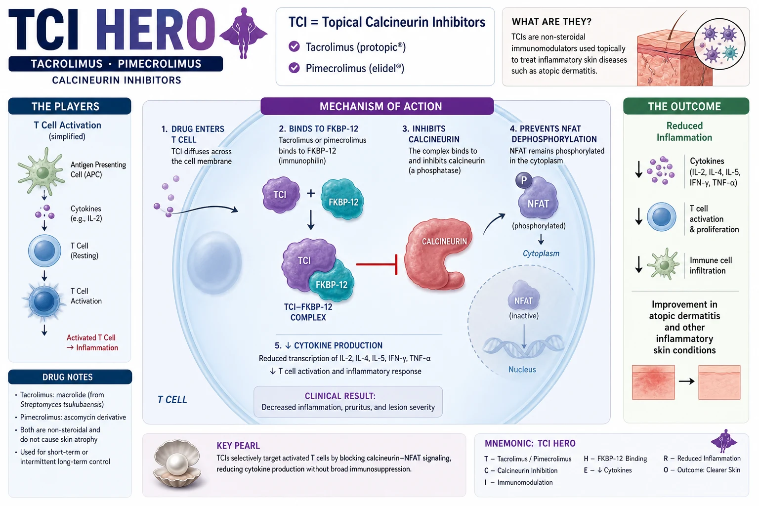 Comparison of tacrolimus ointment and pimecrolimus cream with their mechanism of action, key indications, and safety advantages over corticosteroids
