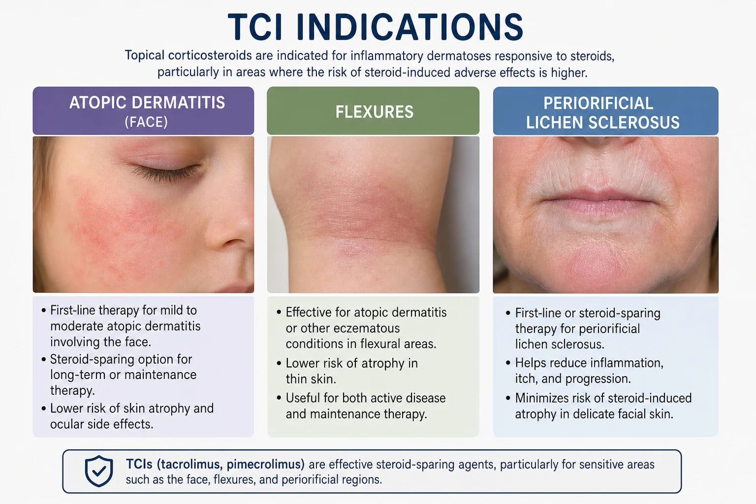 Overview of TCI indications: atopic dermatitis (face/eyelids/flexures), seborrhoeic dermatitis, periorificial dermatitis, lichen sclerosus, vitiligo, facial psoriasis, oral lichen planus